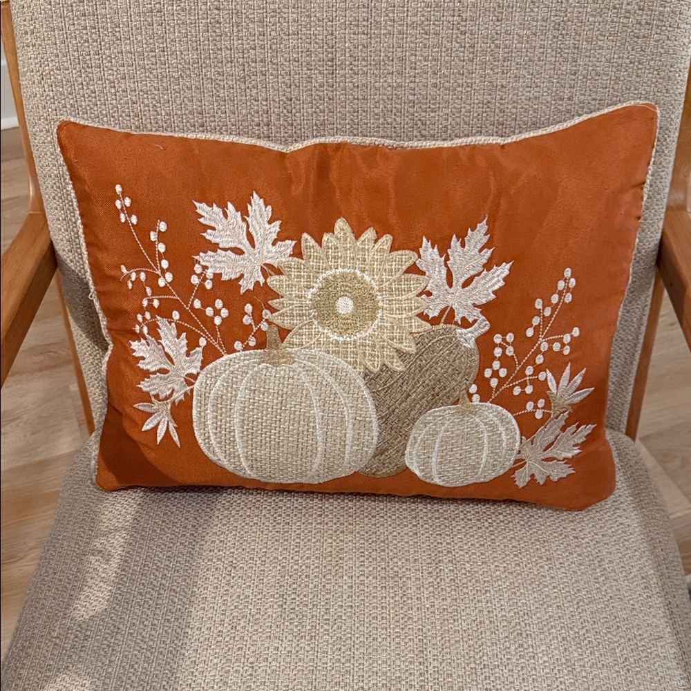 Orange Fall Decorative Pillow with Pumpkin and Sunflower Design